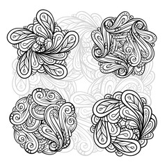 Black and white ethnic style floral mandalas set for antistress coloring. Abstract coloring page.