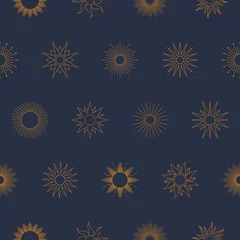 Foto op Plexiglas Blauw goud Boho Golden Sun naadloze patroon in minimale voeringstijl. Vector blauwe achtergrond voor stofafdrukken, omslag, verpakking