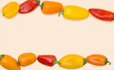  fresh small multicolored bell peppers isolated on light background. Red, yellow and orange peppers