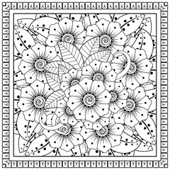 Square flowers in mehndi style. decoration in ethnic oriental, doodle ornament. outline hand draw illustration.  