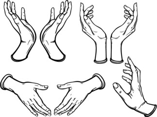 Set of images of human hands in different poses. Gesture of support, protection, care.  Black contour without filling. Vector illustration isolated on a white background.