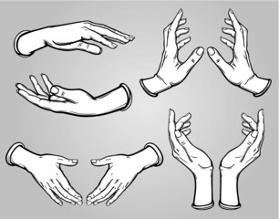 Set of images of human hands in different poses. Gesture of support, protection, care.  Black contour, white filling. Vector illustration isolated on a gray background.