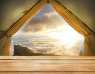 The warm morning sun shone into the tent. There is a wooden table inside, there is space for placing products or advertising materials.