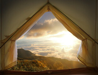 The warm morning sun shone into the tent. Tourism and leisure concept