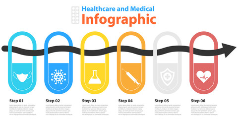 Vector circle chart infographic template with arrow for cycle diagram, graph, web design. Medical healthcare concept with 6 steps, options or parts. Abstract background.