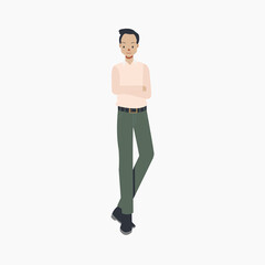 flat vector illustration, male character, happy man standing and crossing arms