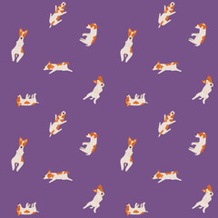 Seamles repeat pattern with sleeping dogs in different poses on purple background. Cute cartoon jack russell terriers. Vector illustration