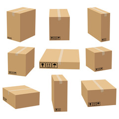 Fototapeta premium Set of cardboard boxes mockups. Carton delivery packaging box. Vector 3D illustration isolated white background.