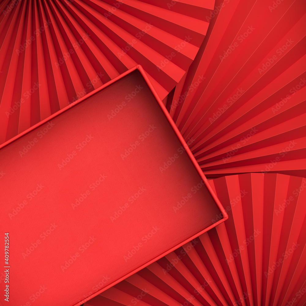 Wall mural minimal beauty mockup for product presentation. red blank open paper box on red paper fan medallion 