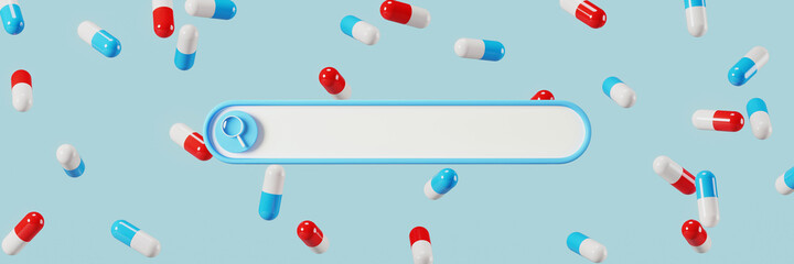 Minimal abstract background for online health care concept. Blank web search bar and capsule pills on blue background 3d rendering illustration. Clipping path of each element included.