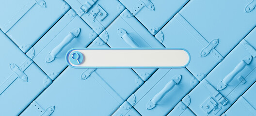 Minimal abstract background for online travel concept. Blank web search bar and blue suitcase background. 3d rendering illustration. Clipping path of each element included.