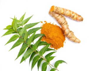 Neem leaves with turmeric roots and powder