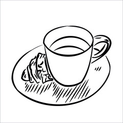 A mug of tea with a croissant. minimalism, graphics, hand drawing. coffee. Americano. french breakfast. bun. design for the kitchen. black and white drawing. vector eps 10