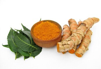 Neem leaves with turmeric powder and roots