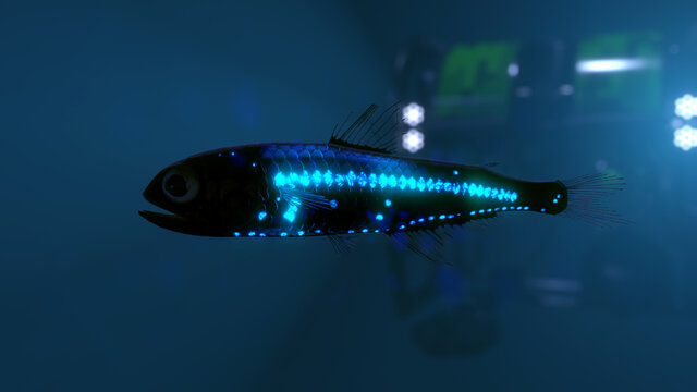 Deep Sea Lanternfish, 3D rendered, with a Remote Operated Vehicle (ROV) in background