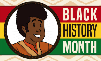 Button with Dark Skinned Man Celebrating Black History Month, Vector Illustration