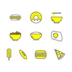 icon set foods hotdog, donut, noodle, rice, egg, ice cream, bread, burger and pizza
