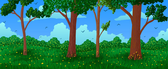Spring vector landscape. Cartoon trees on field with flowers