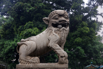 Stone lion sculptures in a ancestral hall, Guangzhou, China