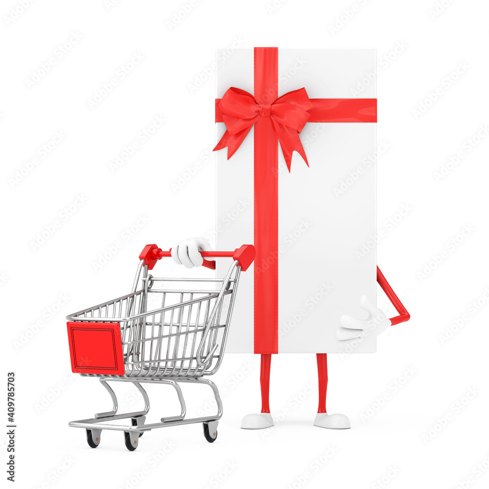 Aufkleber white gift box and red ribbon character mascot with shopping cart trolley. 3d rendering