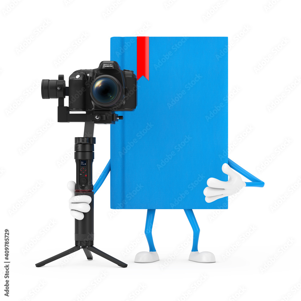 Poster blue book character mascot with dslr or video camera gimbal stabilization tripod system. 3d renderin