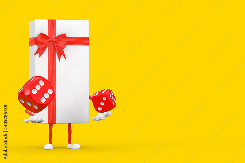 Leinwandbilder white gift box and red ribbon character mascot with red game dice cubes in flight. 3d rendering