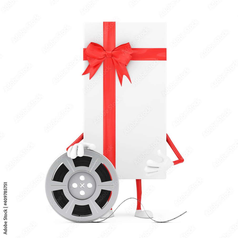 Poster White Gift Box and Red Ribbon Character Mascot with Red Map Pointer Target Pin. 3d Rendering