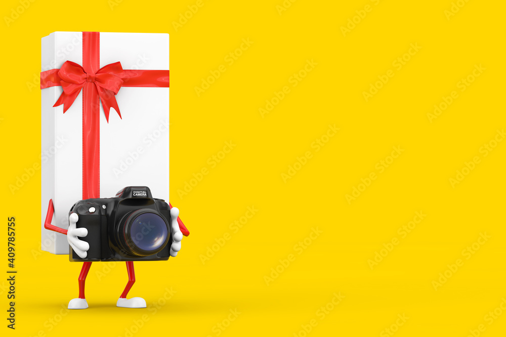Poster white gift box and red ribbon character mascot with modern digital photo camera. 3d rendering