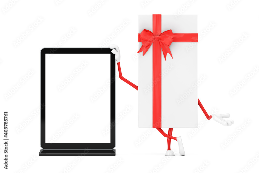 Aufkleber white gift box and red ribbon character mascot with blank trade show lcd screen display stand as tem