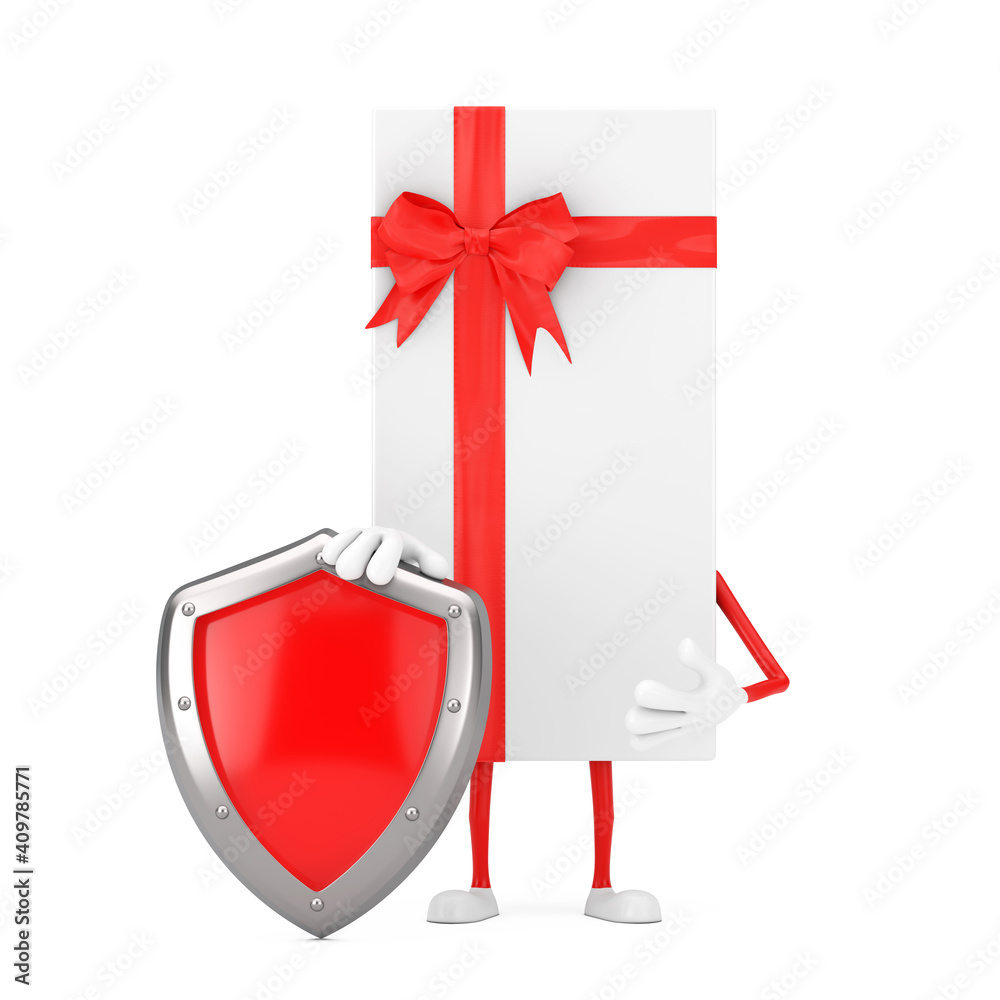 Poster white gift box and red ribbon character mascot with red metal protection shield. 3d rendering