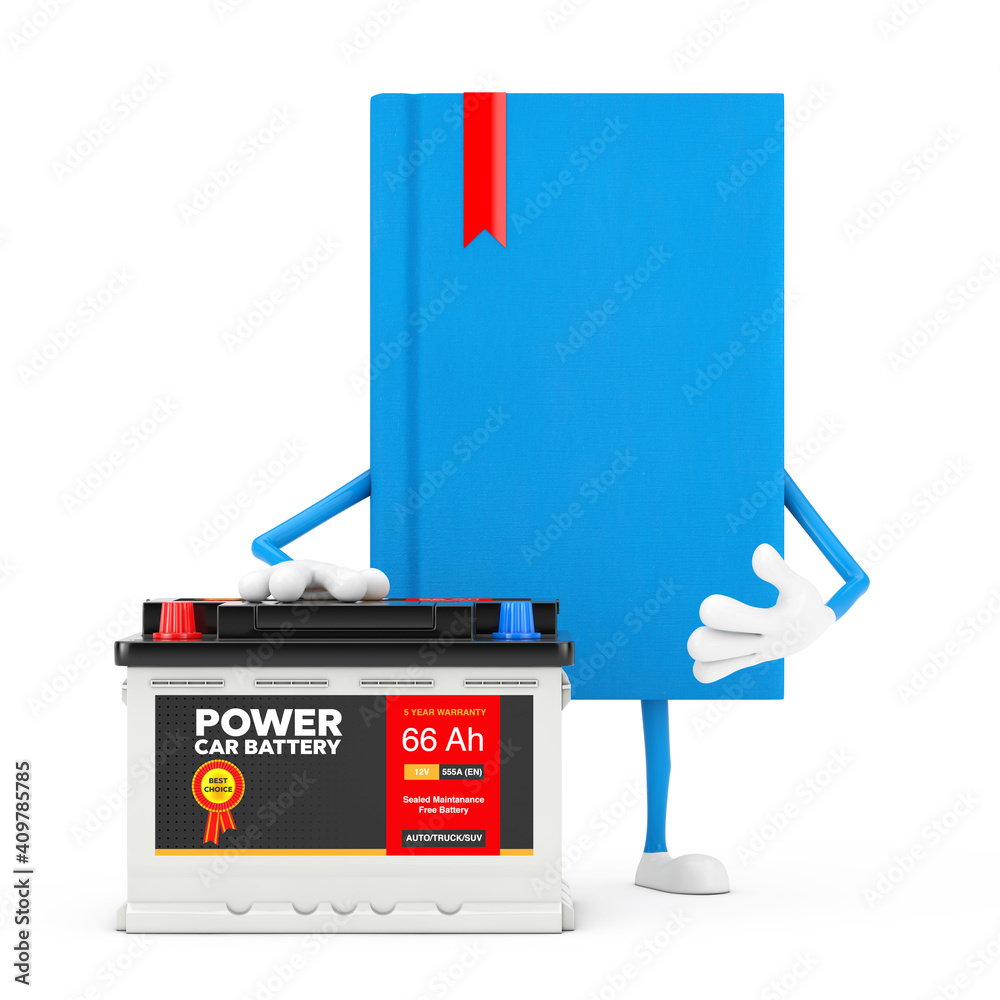 Poster blue book character mascot and rechargeable car battery 12v accumulator with abstract label. 3d rend