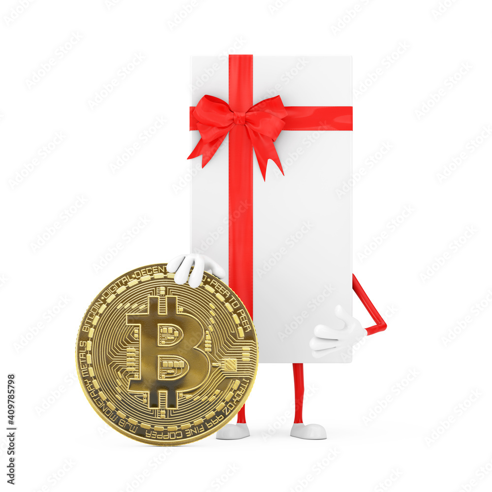 Poster white gift box and red ribbon character mascot with digital and cryptocurrency golden bitcoin coin. 