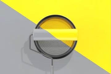 Leuchtendes Gelb und Ultimatives Grau. Farbdose von oben mit Farbroller auf Ultimatives Grau und Leuchtendes Gelb. 3D-Rendering © doomu
