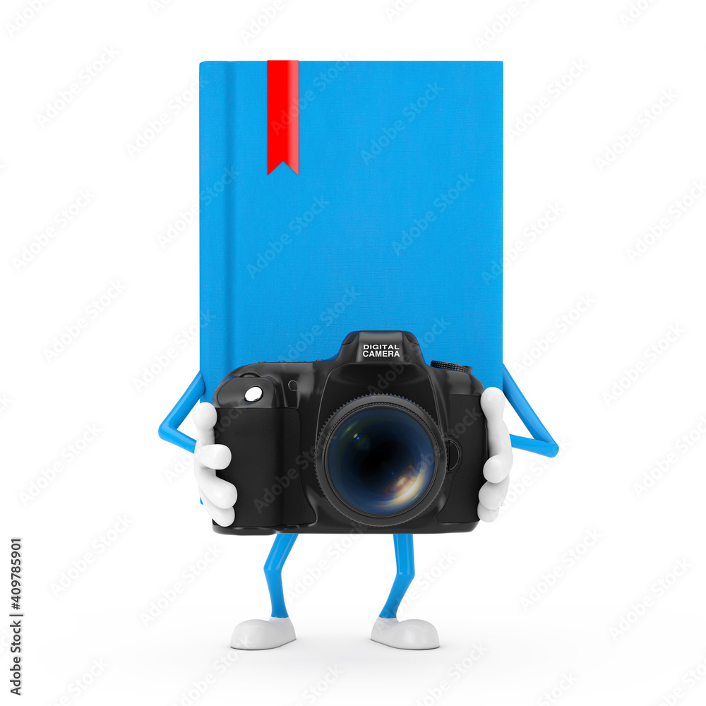 Poster blue book character mascot with modern digital photo camera. 3d rendering