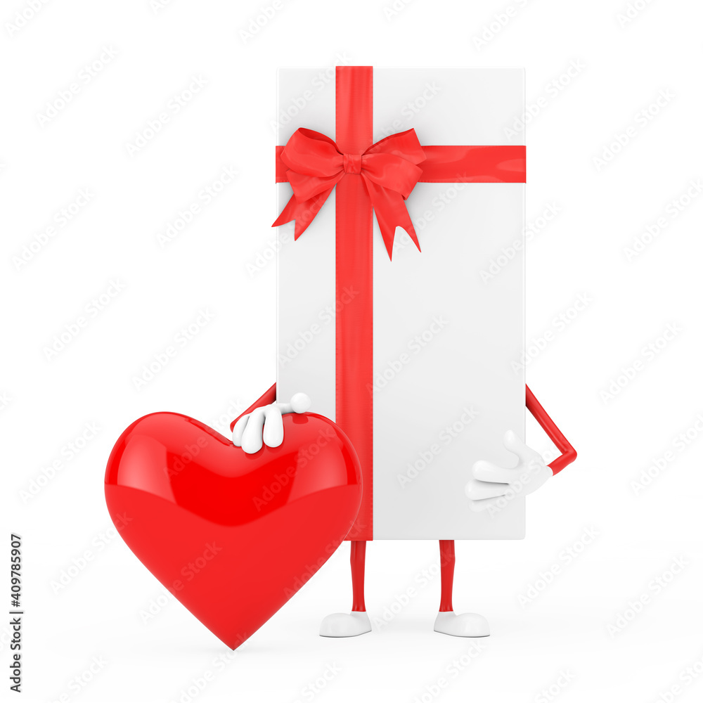 Aufkleber white gift box and red ribbon character mascot with red heart. 3d rendering