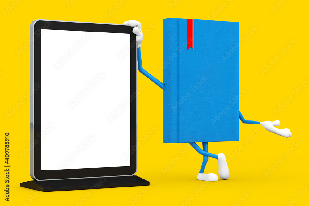 Poster blue book character mascot with blank trade show lcd screen display stand as template for your desig