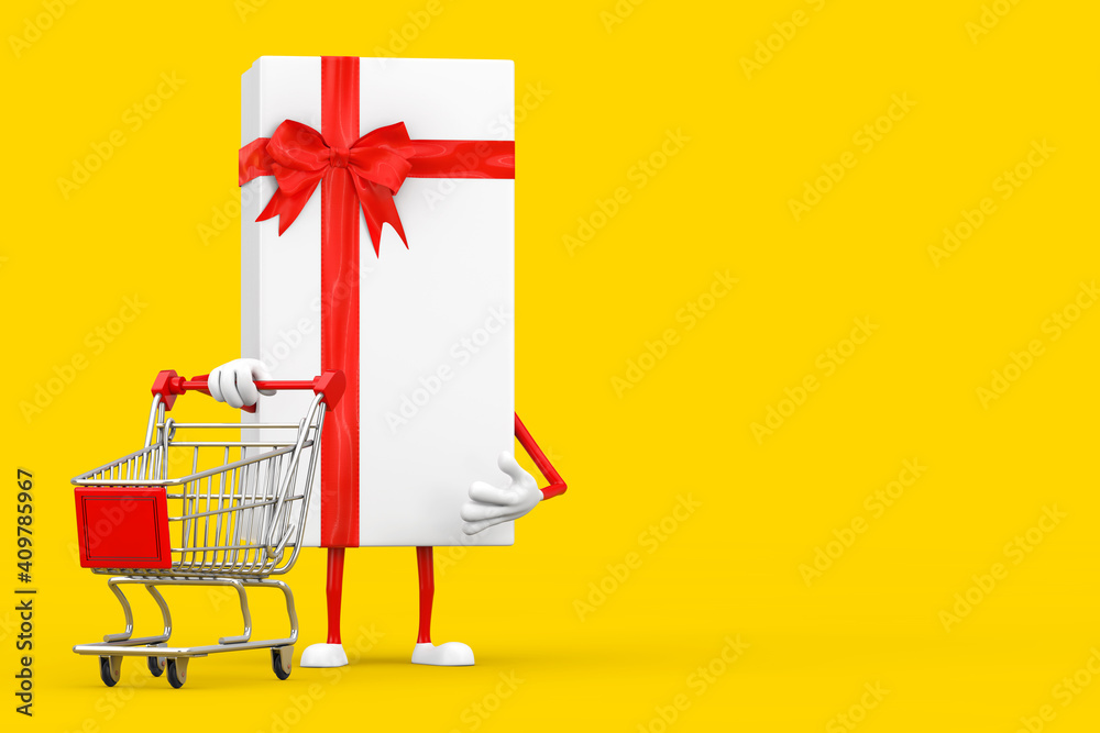 Aufkleber white gift box and red ribbon character mascot with shopping cart trolley. 3d rendering