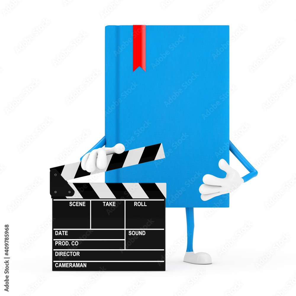 Poster blue book character mascot with movie clapper board. 3d rendering