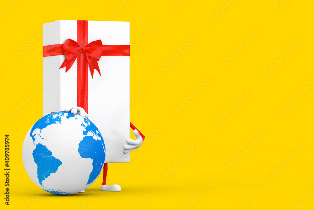 Aufkleber white gift box and red ribbon character mascot with earth globe. 3d rendering