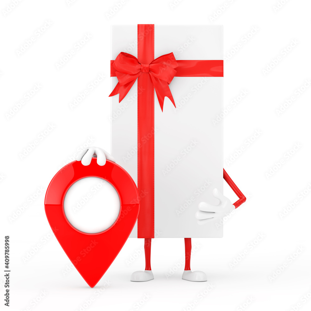 Poster white gift box and red ribbon character mascot with red map pointer target pin. 3d rendering