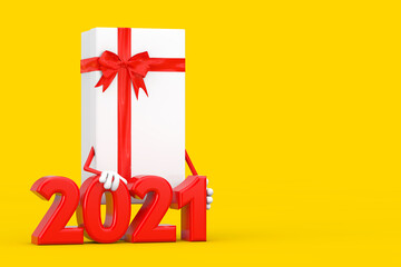 White Gift Box and Red Ribbon Character Mascot with 2021 New Year Sign. 3d Rendering