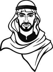 Animation portrait of the Arab man in a traditional headdress. Monochrome drawing. The vector illustration isolated on a white background.