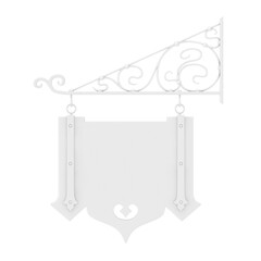 Blank White Hanging Sign with Free space for Your Design and Floral Forging Elements in Clay Style. 3d Rendering