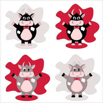 Collection of vector images of a bull. A good and evil bull. Black and brown bull on a red and gray background, in a bow tie. Vector in flat style.