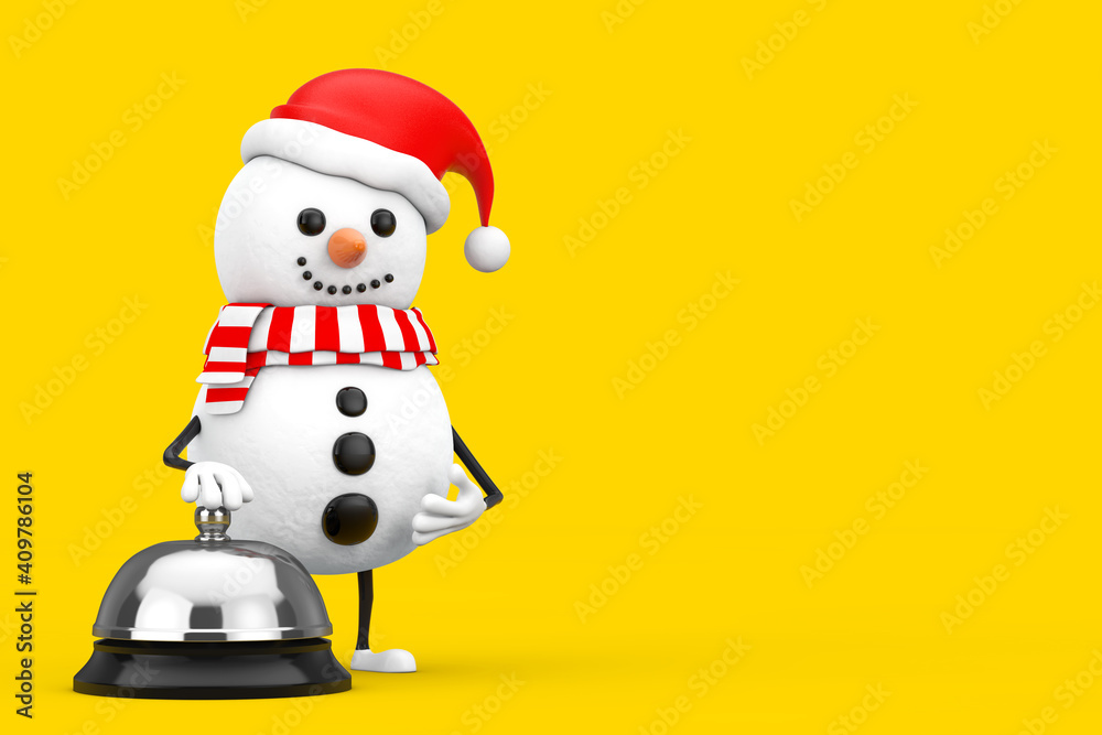 Poster Snowman in Santa Claus Hat Character Mascot with Hotel Service Bell Call . 3d Rendering