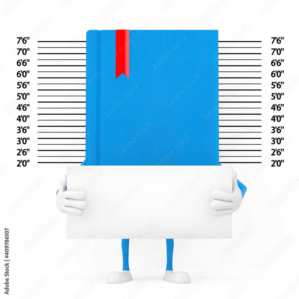Poster blue book character mascot with identification plate in front of police lineup or mugshot background