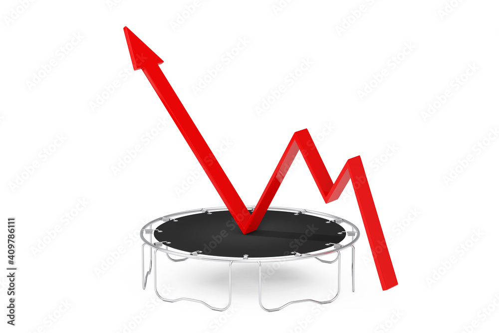 Aufkleber success concept. business growth red arrow get boost with jumps on trampoline. 3d rendering