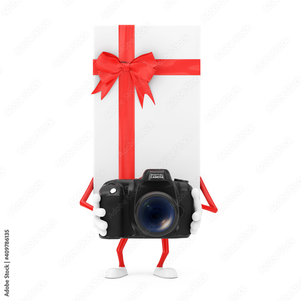 Poster white gift box and red ribbon character mascot with modern digital photo camera. 3d rendering