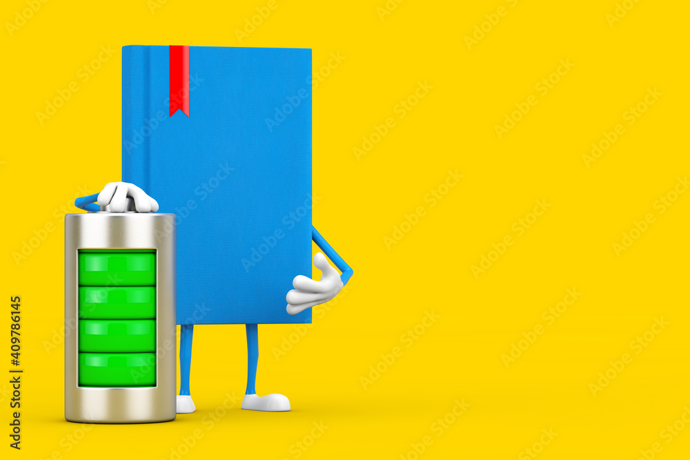 Poster blue book character mascot with abstract charging battery. 3d rendering