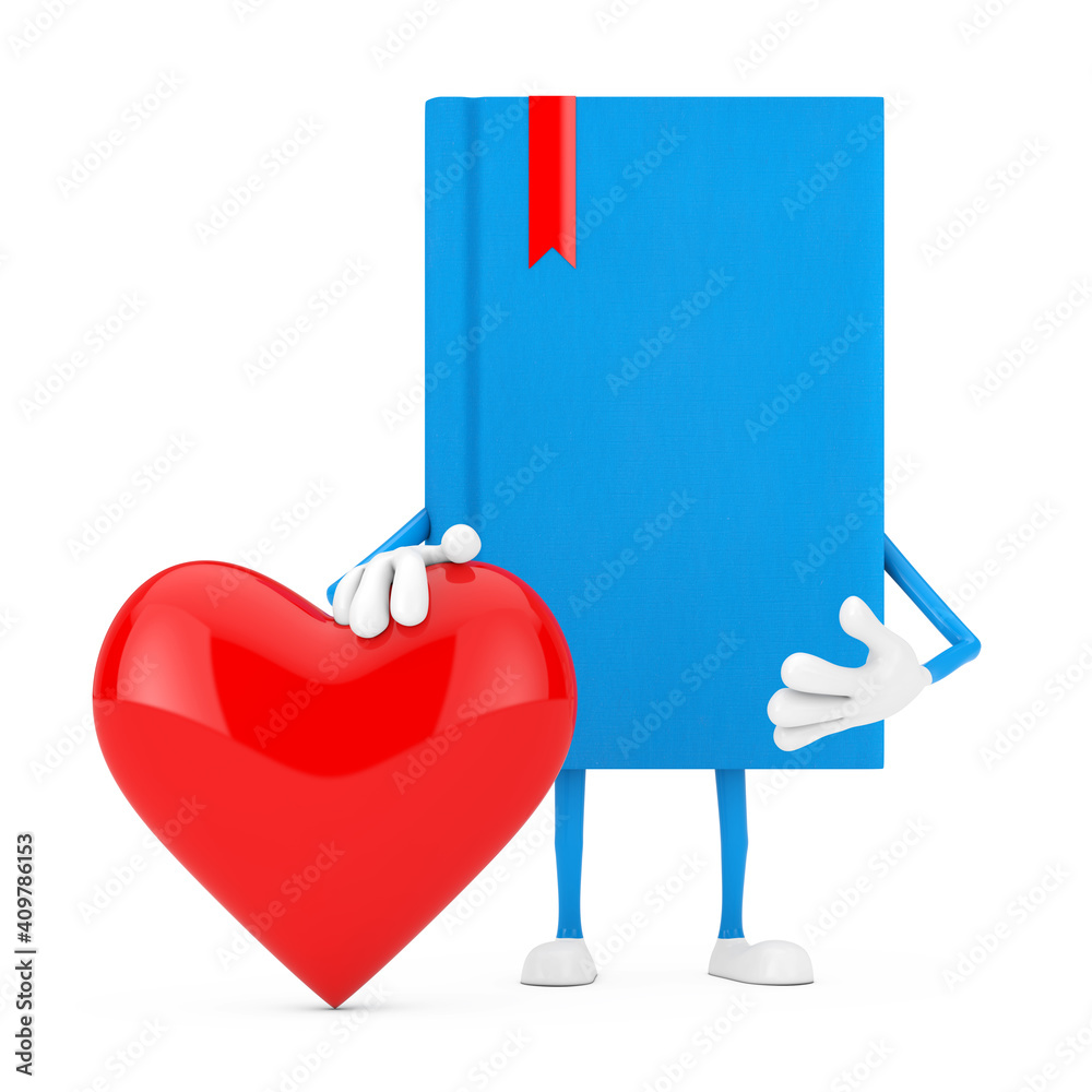 Poster blue book character mascot with red heart. 3d rendering